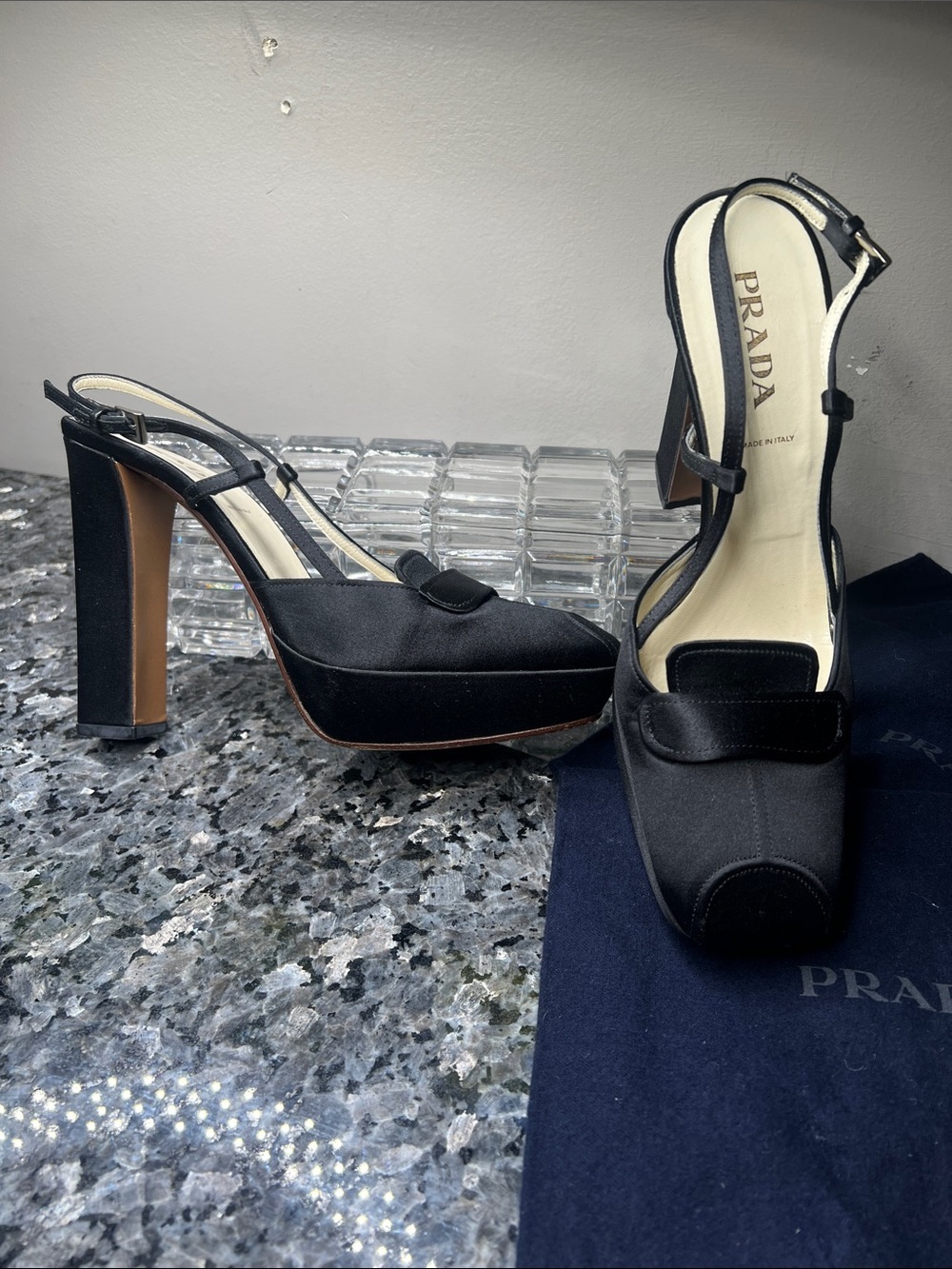 Prada Sz 38 Black Silk 4.5” Wrapped Block Heel Square Toe Heels Shoes